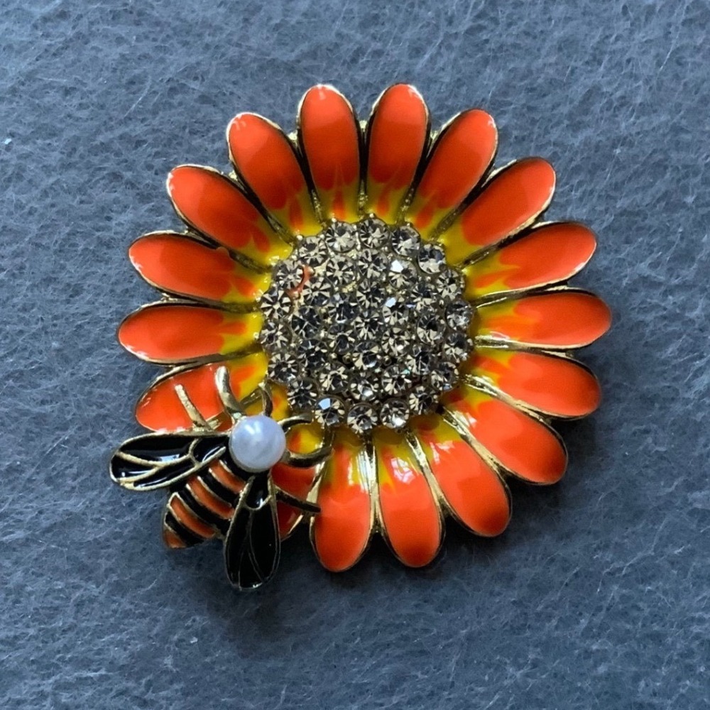 Orange Enamel Sunflower Bee Brooch Rhinestone Faux Pearl Gold Tone Flower Pin
